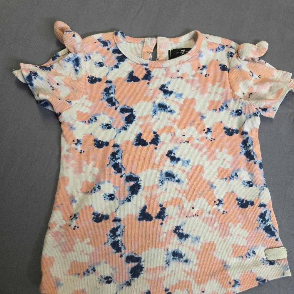 Girls Peach Blue Tie-Dye Bow Detail Split Shoulder T-shirt